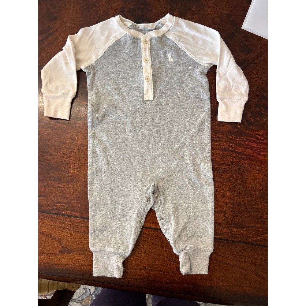 Ralph Lauren Baby Grey White Raglan Henley Coverall Romper 6M